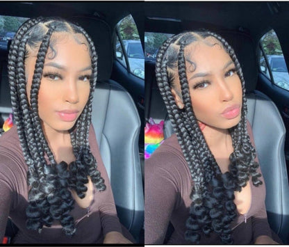 Elegant Knotless Jumbo Braids Wig with Curly Ends, Full Lace Glueless Natural Look