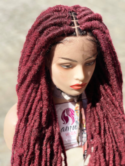 36-inch Long Wine Distressed Faux Locs Lace Front Braided Wig