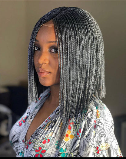 Chic Gray Blunt Cut Braided Wig Closure - Short Bob Micro Braids Style