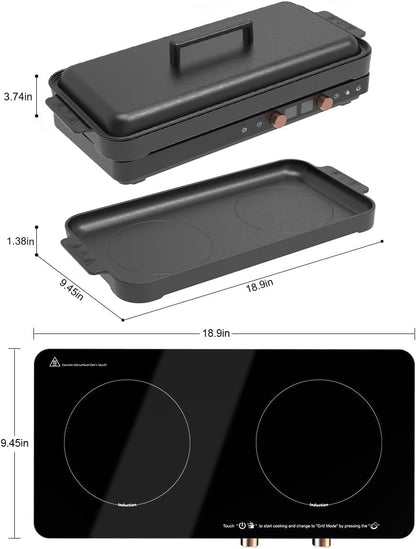 Portable Dual Induction Cooktop with Griddle Pan, Digital Timer Control