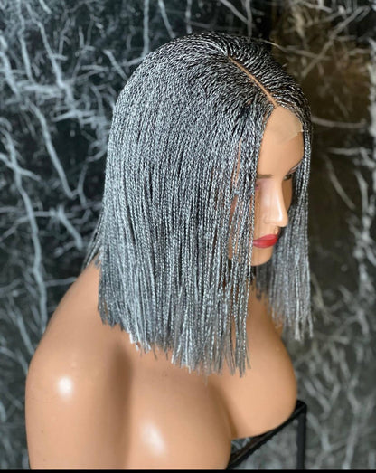 Chic Gray Blunt Cut Braided Wig Closure - Short Bob Micro Braids Style