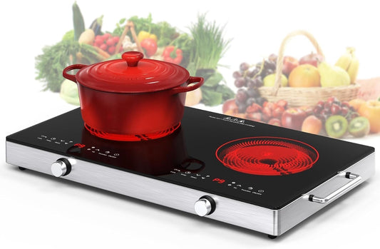 VBGK Dual Electric Cooktop with Knob Control, Child Lock, Timer, 110V
