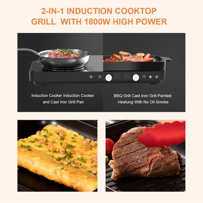 Portable Dual Induction Cooktop with Griddle Pan, Digital Timer Control