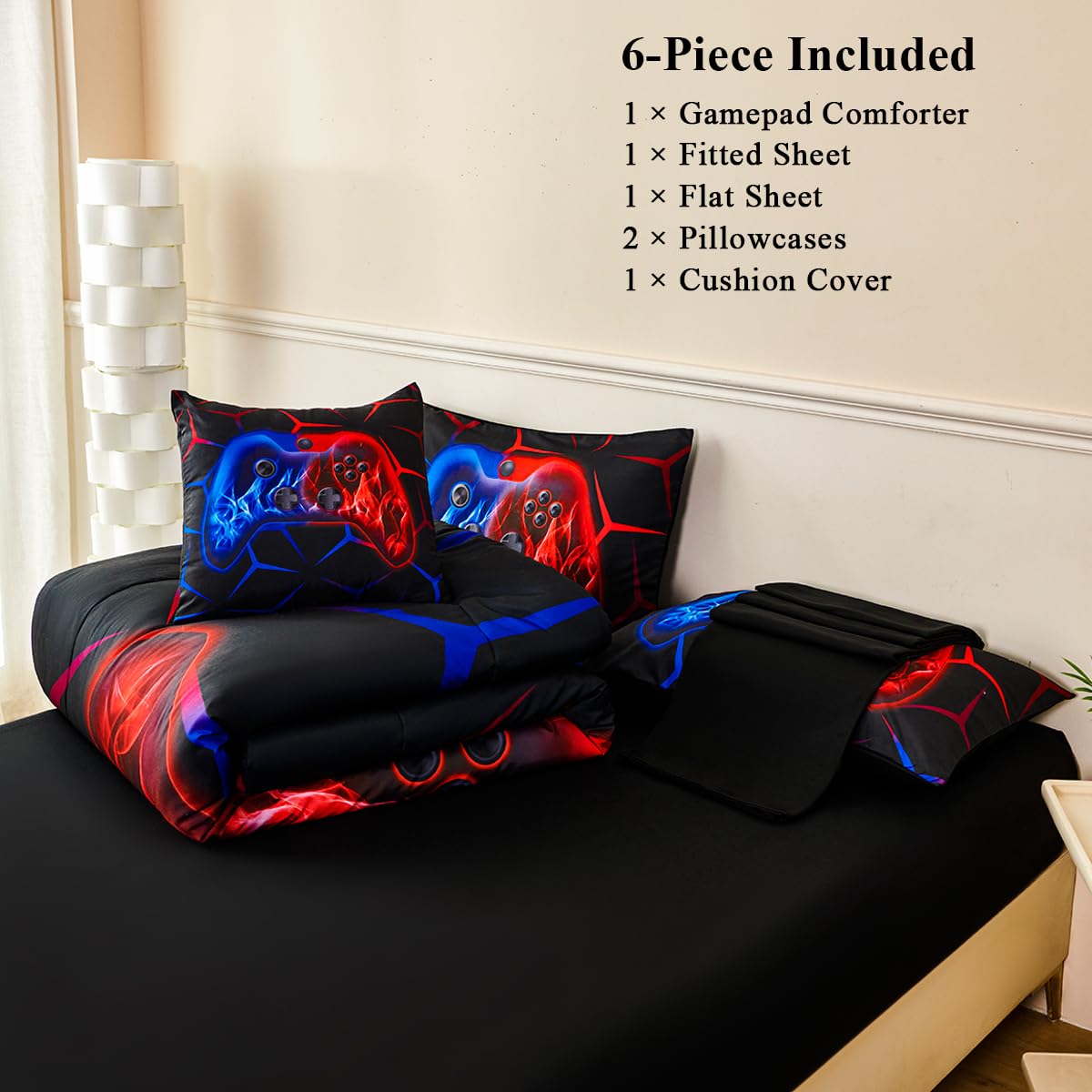 ZSYAYAHA Boys Twin Comforter Set Gaming Bedding Set for Kids Teens Soft Microfiber 6 Pieces Gamer Bed in A Bag Set Red and Blue Geometric Gamepad Bedding Set for All Season(Red Blue, Twin)