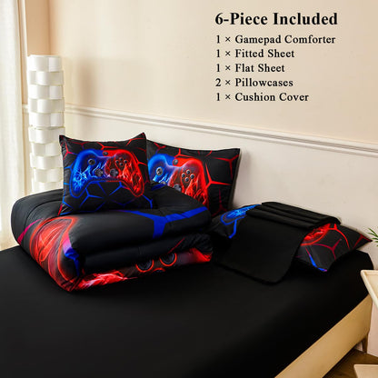 ZSYAYAHA Boys Twin Comforter Set Gaming Bedding Set for Kids Teens Soft Microfiber 6 Pieces Gamer Bed in A Bag Set Red and Blue Geometric Gamepad Bedding Set for All Season(Red Blue, Twin)