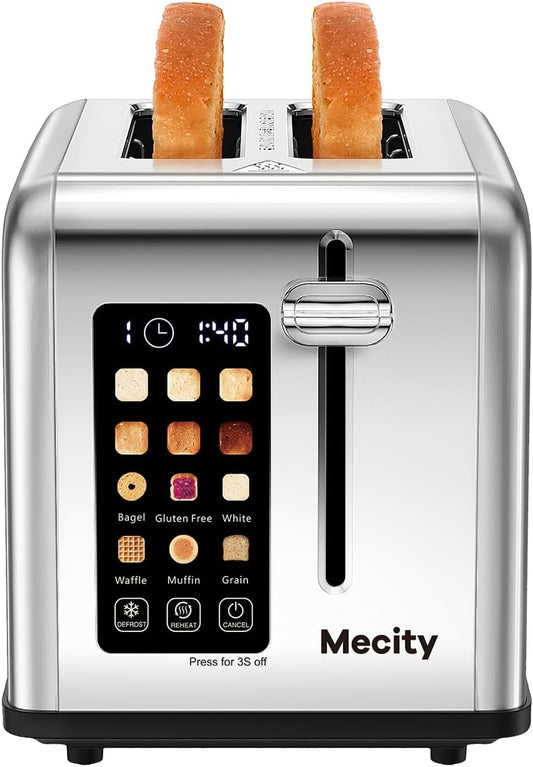 Mecity Smart Stainless Steel 2-Slice Toaster, Touch Screen, Wide Slots