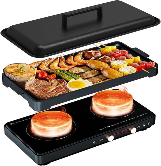 Portable Dual Induction Cooktop with Griddle Pan, Digital Timer Control