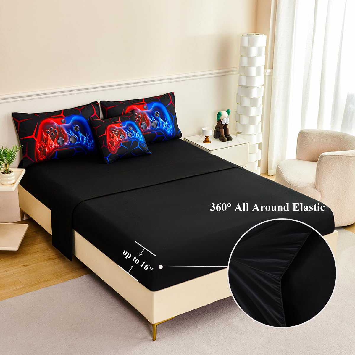 ZSYAYAHA Boys Twin Comforter Set Gaming Bedding Set for Kids Teens Soft Microfiber 6 Pieces Gamer Bed in A Bag Set Red and Blue Geometric Gamepad Bedding Set for All Season(Red Blue, Twin)