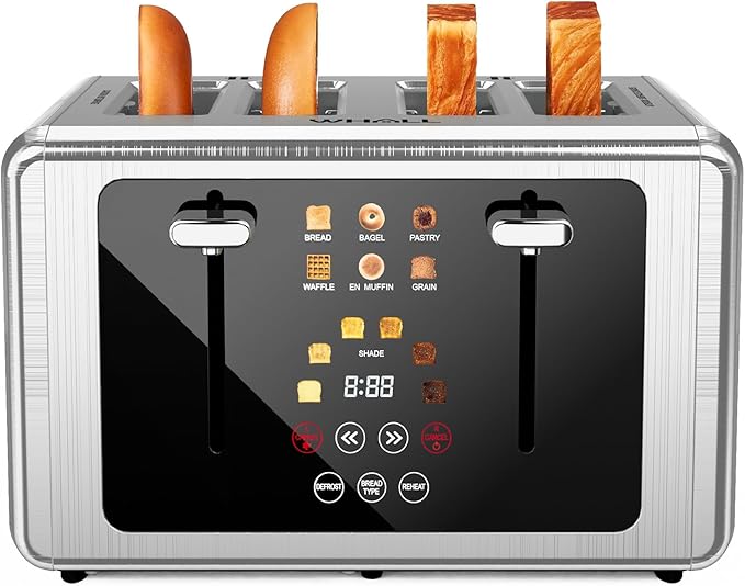 Whall 4-Slice Smart Touchscreen Toaster, Stainless Steel Digital Timer, Dual Control