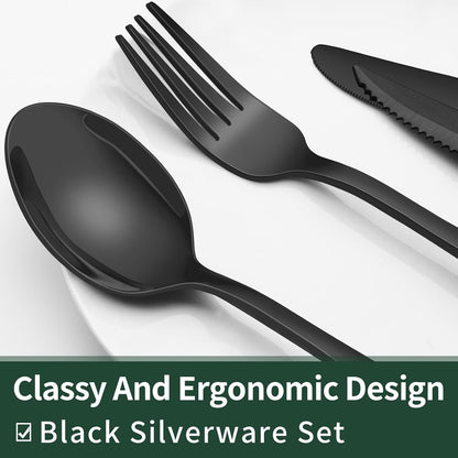 Elegant 24-Piece Black Stainless Steel Flatware Set with Steak Knives for 4
