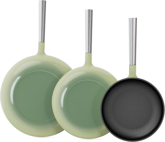 KOKHUB Non-Toxic Titanium Enameled 3-Piece Cast Iron Skillet Set, Sage Green