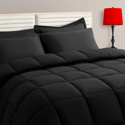 Twin Size Comforter Set - 5 Pieces, Bed in a Bag Bedding Sets with All Season Soft Quilted Warm Fluffy Reversible Comforter,Flat Sheet,Fitted Sheet,1 Pillow Shams,1 Pillowcases,Black