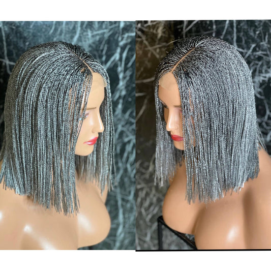 Chic Gray Blunt Cut Braided Wig Closure - Short Bob Micro Braids Style