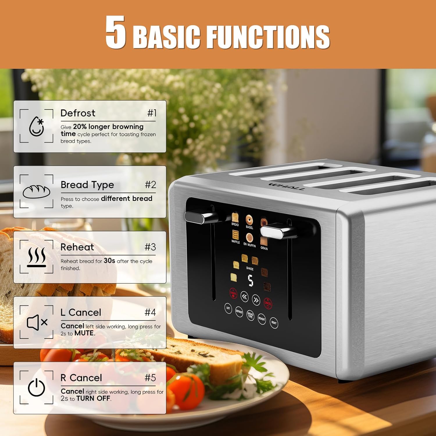 Whall 4-Slice Smart Touchscreen Toaster, Stainless Steel Digital Timer, Dual Control