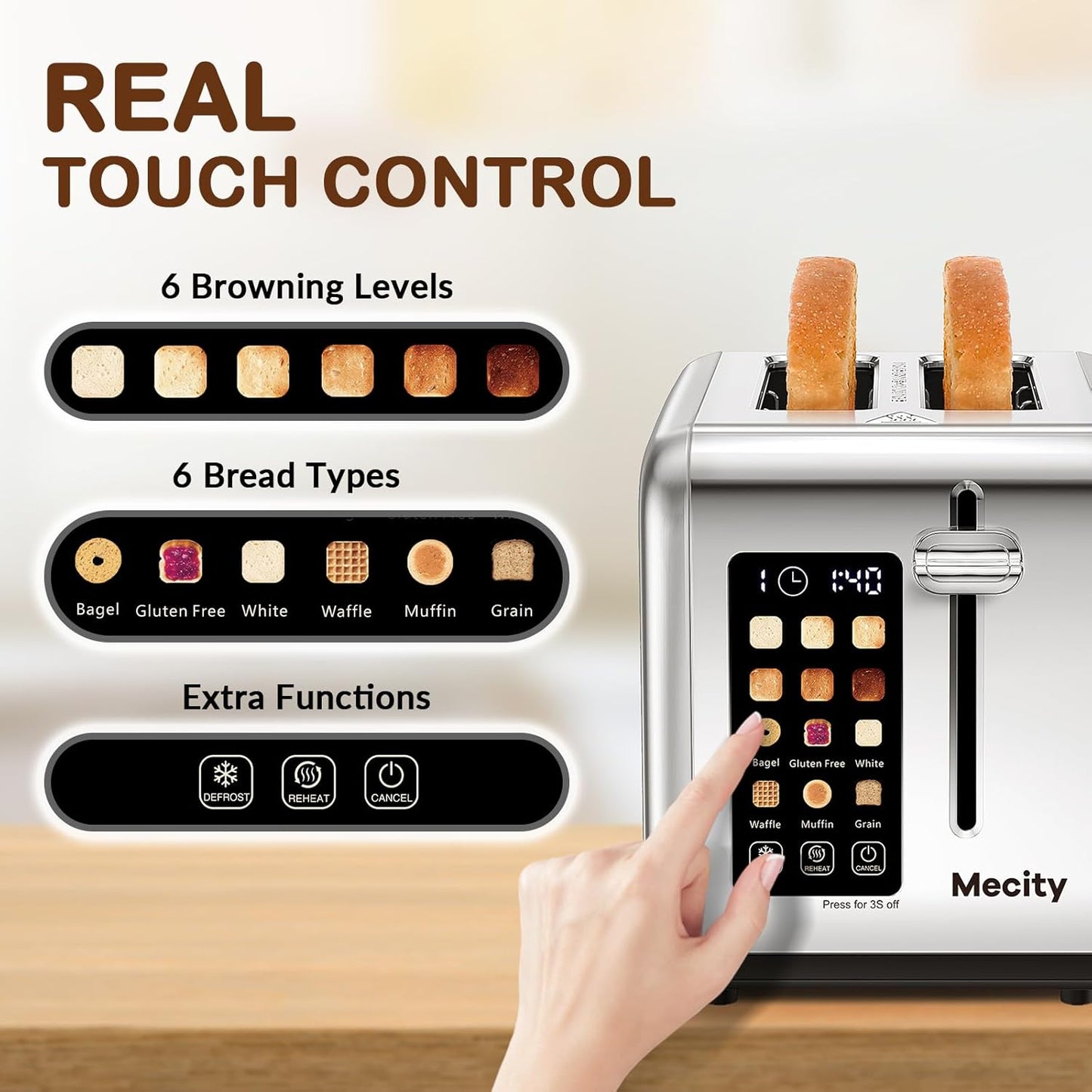 Mecity Smart Stainless Steel 2-Slice Toaster, Touch Screen, Wide Slots