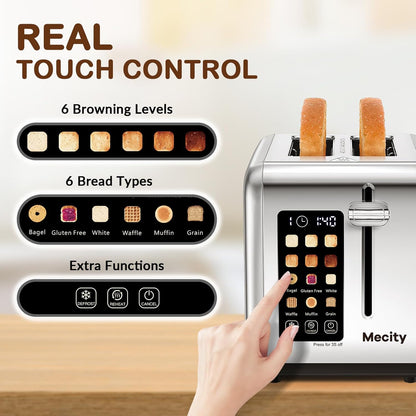 Mecity Smart Stainless Steel 2-Slice Toaster, Touch Screen, Wide Slots