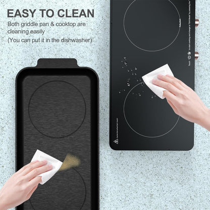 Portable Dual Induction Cooktop with Griddle Pan, Digital Timer Control