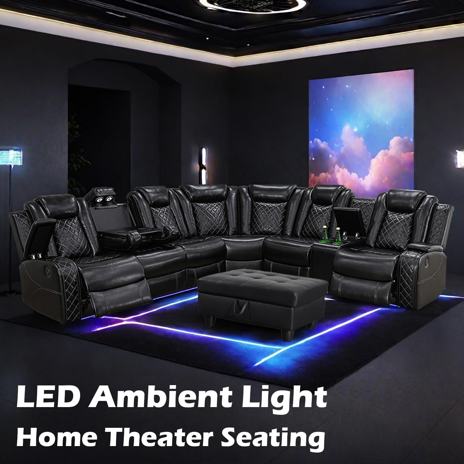 Luxurious Black Leather Sectional Sofa with Power Recline, LED Lights, Storage Ottoman