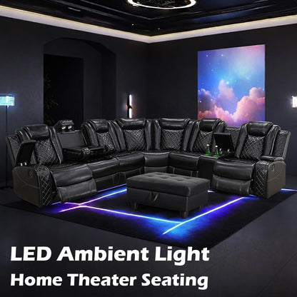 Luxurious Black Leather Sectional Sofa with Power Recline, LED Lights, Storage Ottoman