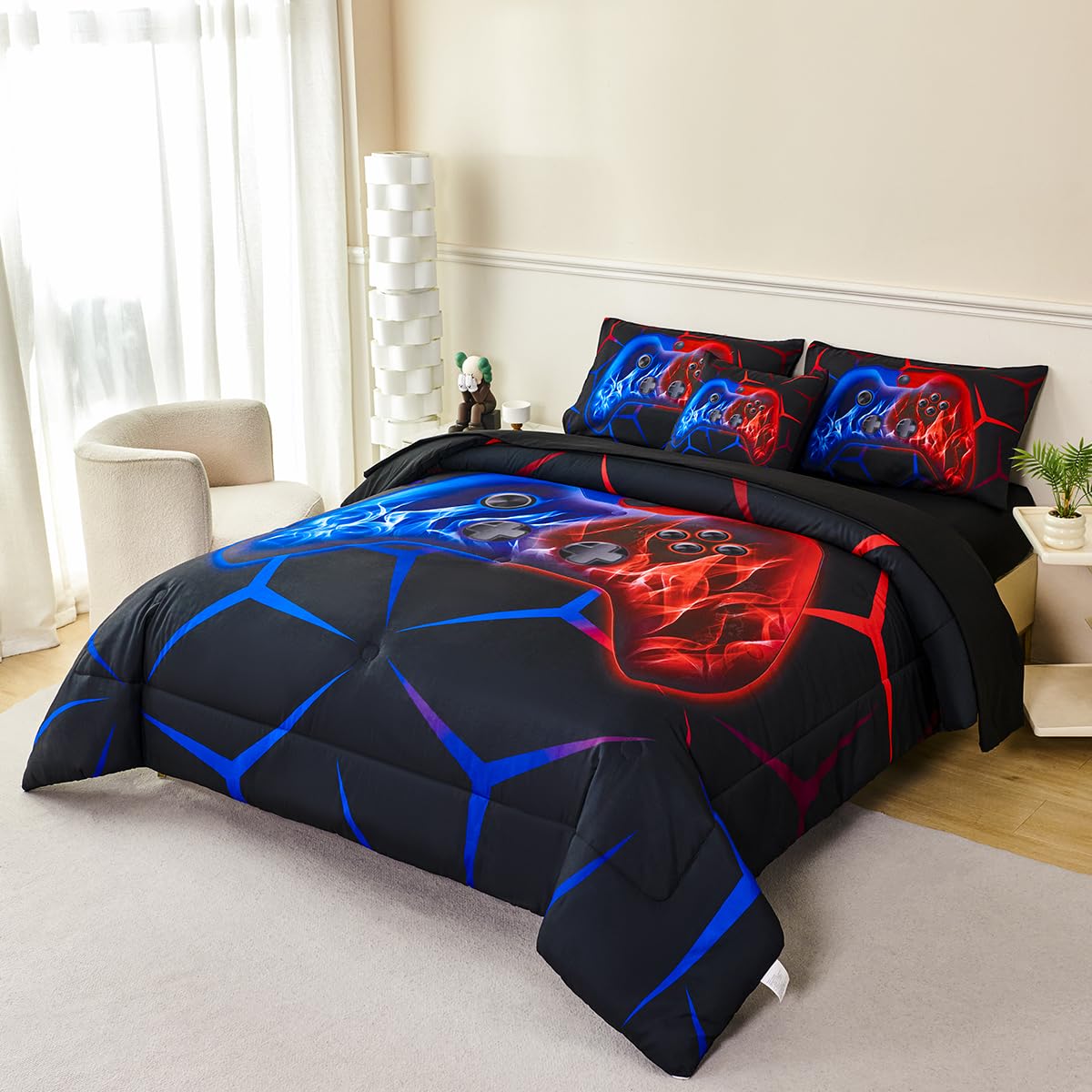 ZSYAYAHA Boys Twin Comforter Set Gaming Bedding Set for Kids Teens Soft Microfiber 6 Pieces Gamer Bed in A Bag Set Red and Blue Geometric Gamepad Bedding Set for All Season(Red Blue, Twin)