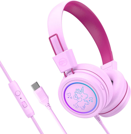 MEE audio KidJamz KJ55 USB-C Kids Headphones: Safe Volume, LED Lights, Microphone