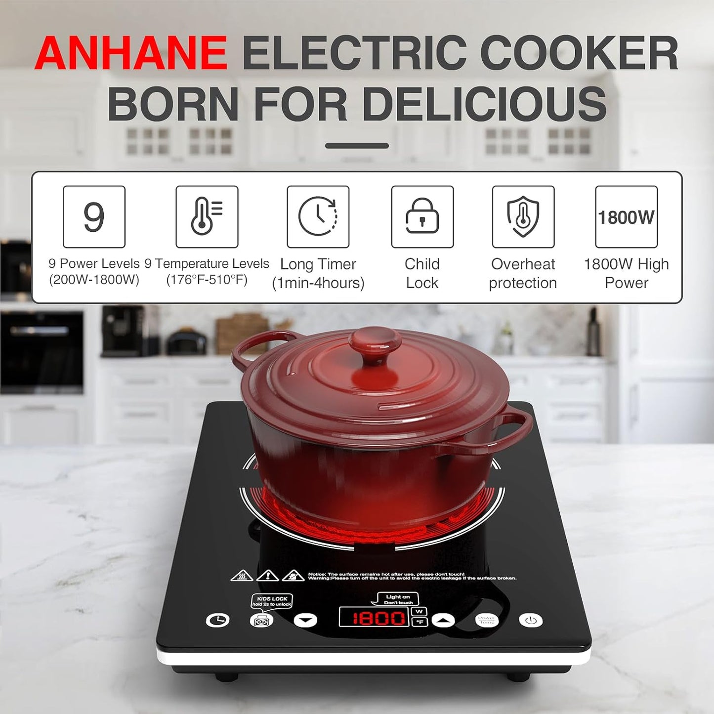 Portable Electric Infrared Cooktop Single Burner - 1800W Touch Control Stove