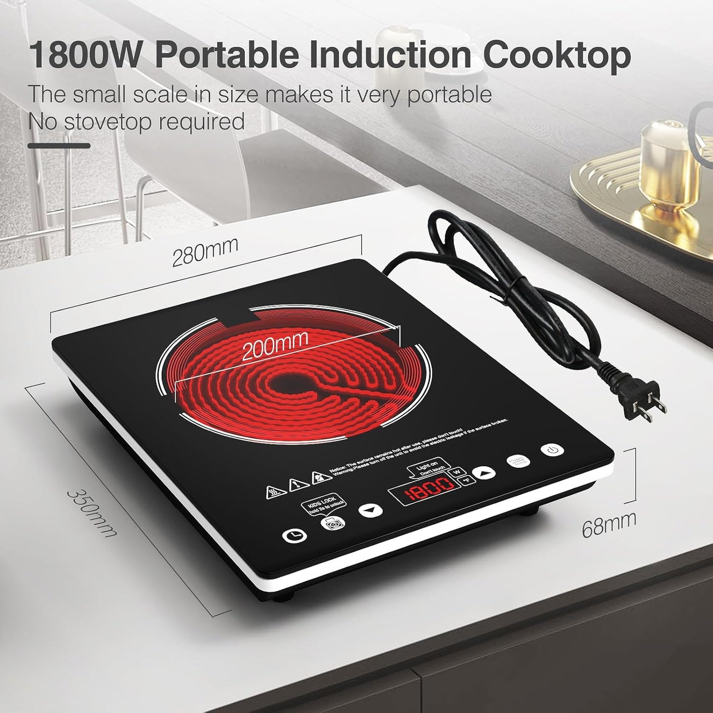 Portable Electric Infrared Cooktop Single Burner - 1800W Touch Control Stove