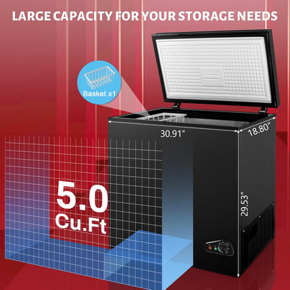 Rosmena Black 5.0 Cu. Ft. Compact Chest Freezer, Removable Basket, Quiet Operation