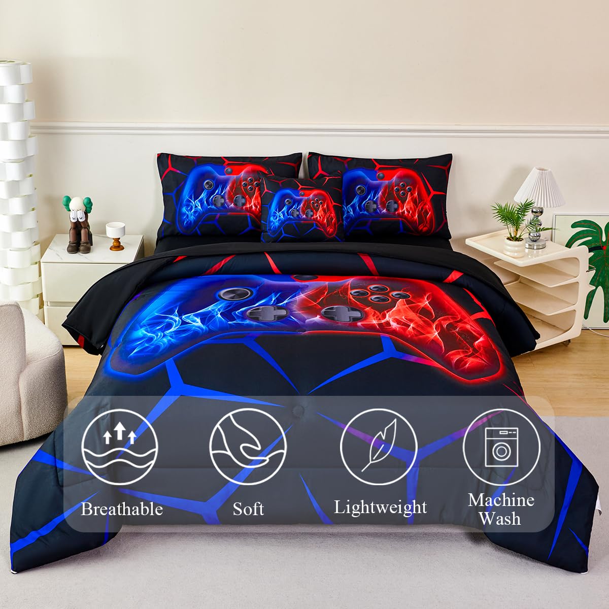 ZSYAYAHA Boys Twin Comforter Set Gaming Bedding Set for Kids Teens Soft Microfiber 6 Pieces Gamer Bed in A Bag Set Red and Blue Geometric Gamepad Bedding Set for All Season(Red Blue, Twin)