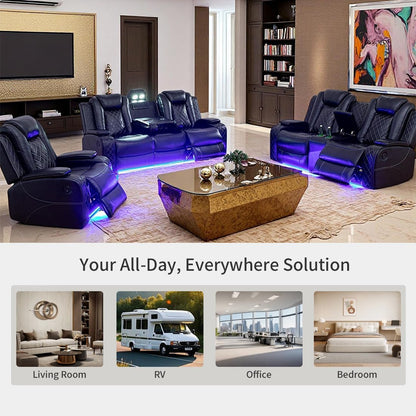 Modern 3-Piece Black Leather Power Recliner Sofa Set with LED & Console