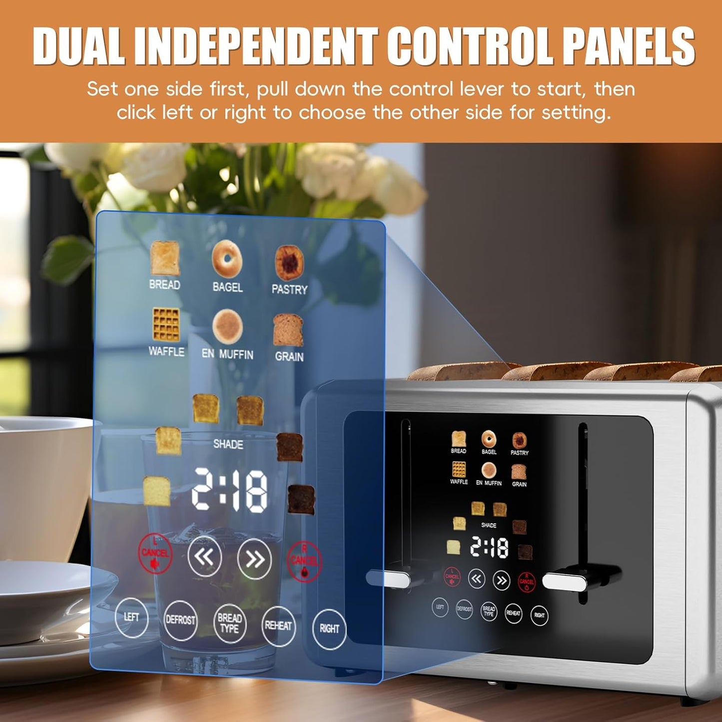 Whall 4-Slice Smart Touchscreen Toaster, Stainless Steel Digital Timer, Dual Control
