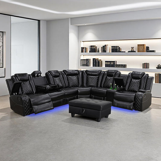 Luxurious Black Leather Sectional Sofa with Power Recline, LED Lights, Storage Ottoman