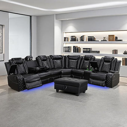 Luxurious Black Leather Sectional Sofa with Power Recline, LED Lights, Storage Ottoman