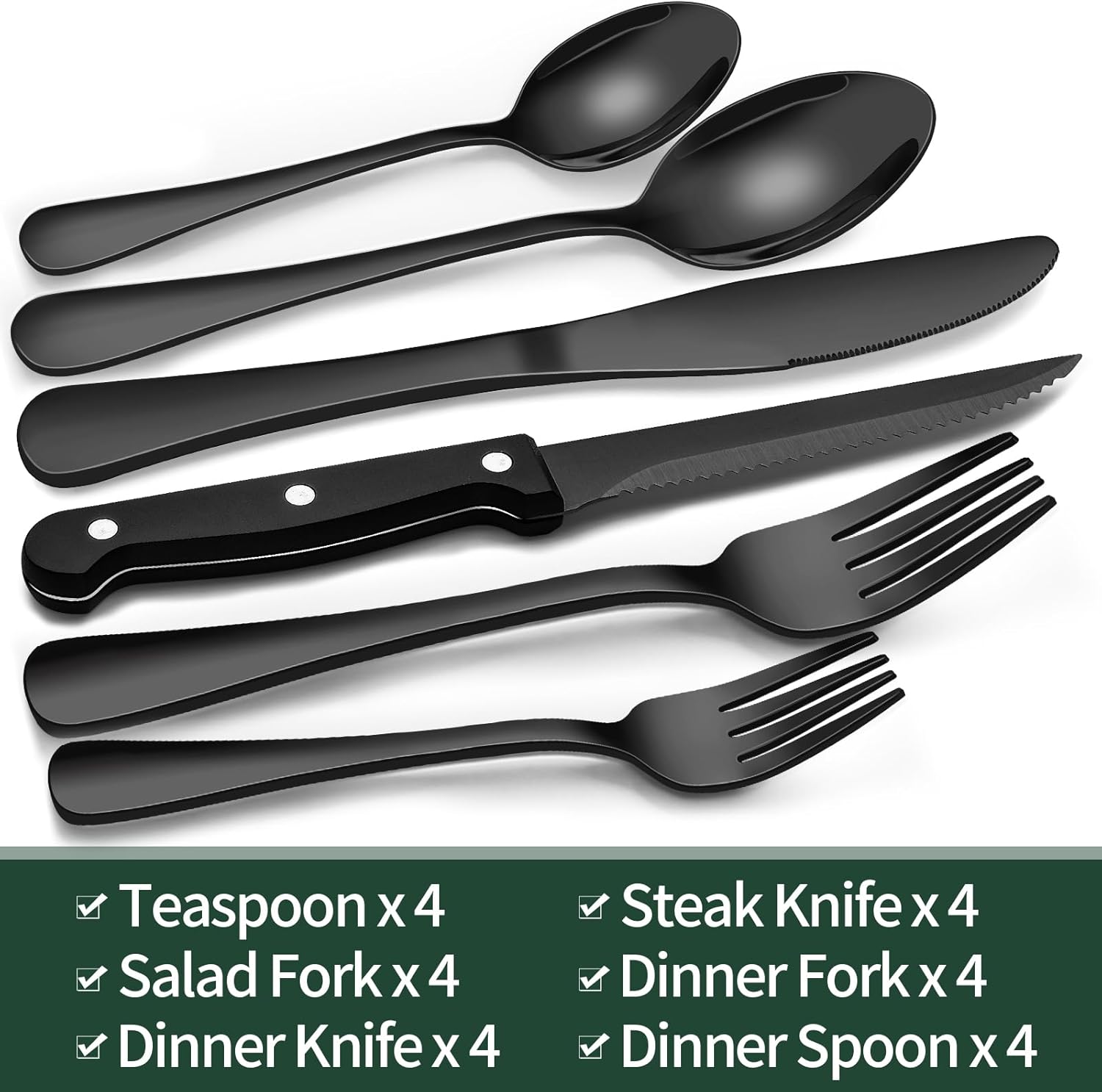 Elegant 24-Piece Black Stainless Steel Flatware Set with Steak Knives for 4