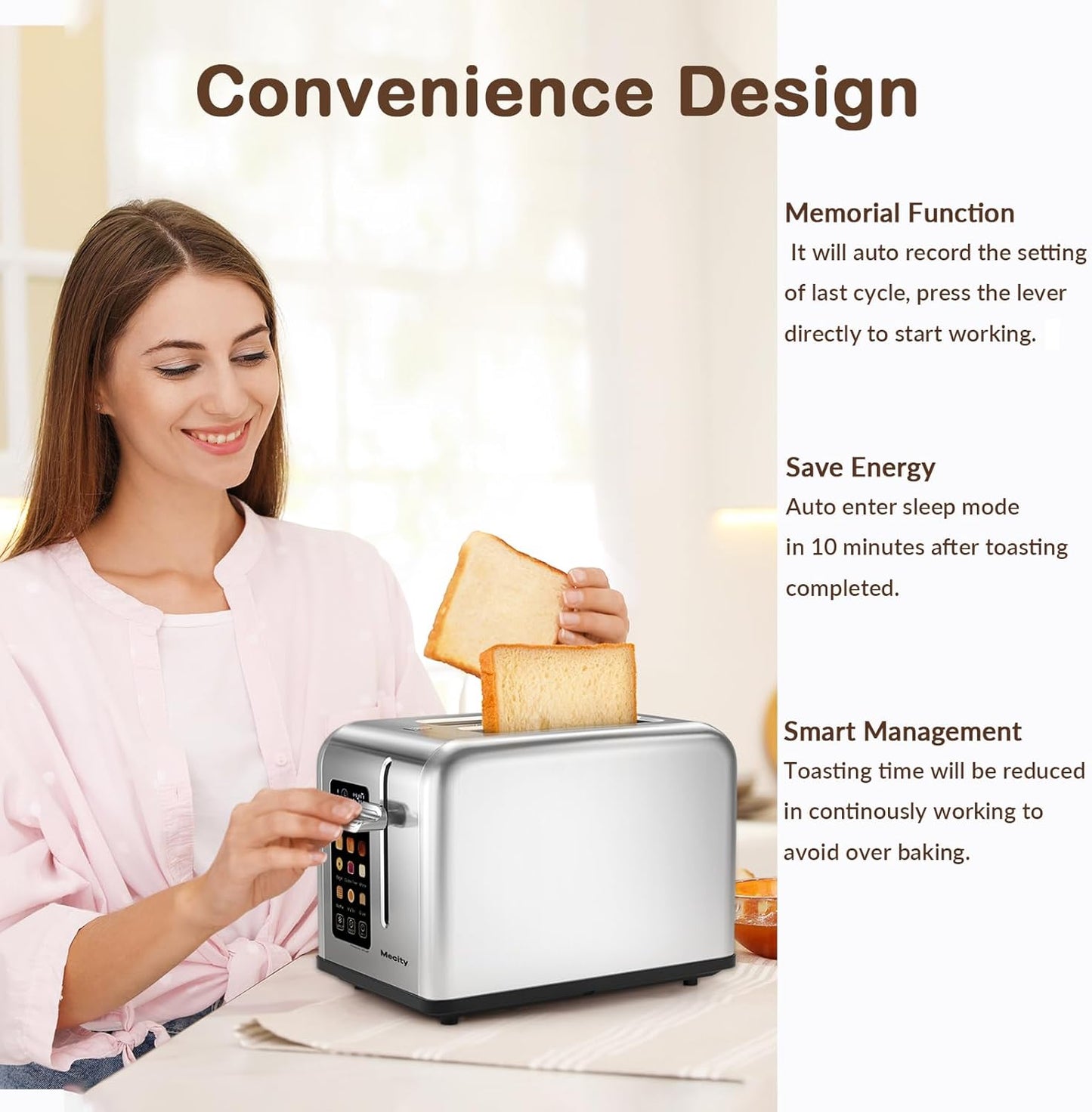 Mecity Smart Stainless Steel 2-Slice Toaster, Touch Screen, Wide Slots