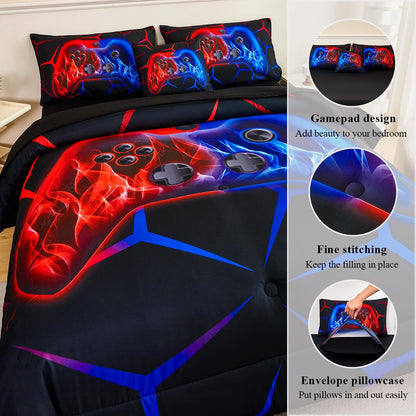 ZSYAYAHA Boys Twin Comforter Set Gaming Bedding Set for Kids Teens Soft Microfiber 6 Pieces Gamer Bed in A Bag Set Red and Blue Geometric Gamepad Bedding Set for All Season(Red Blue, Twin)
