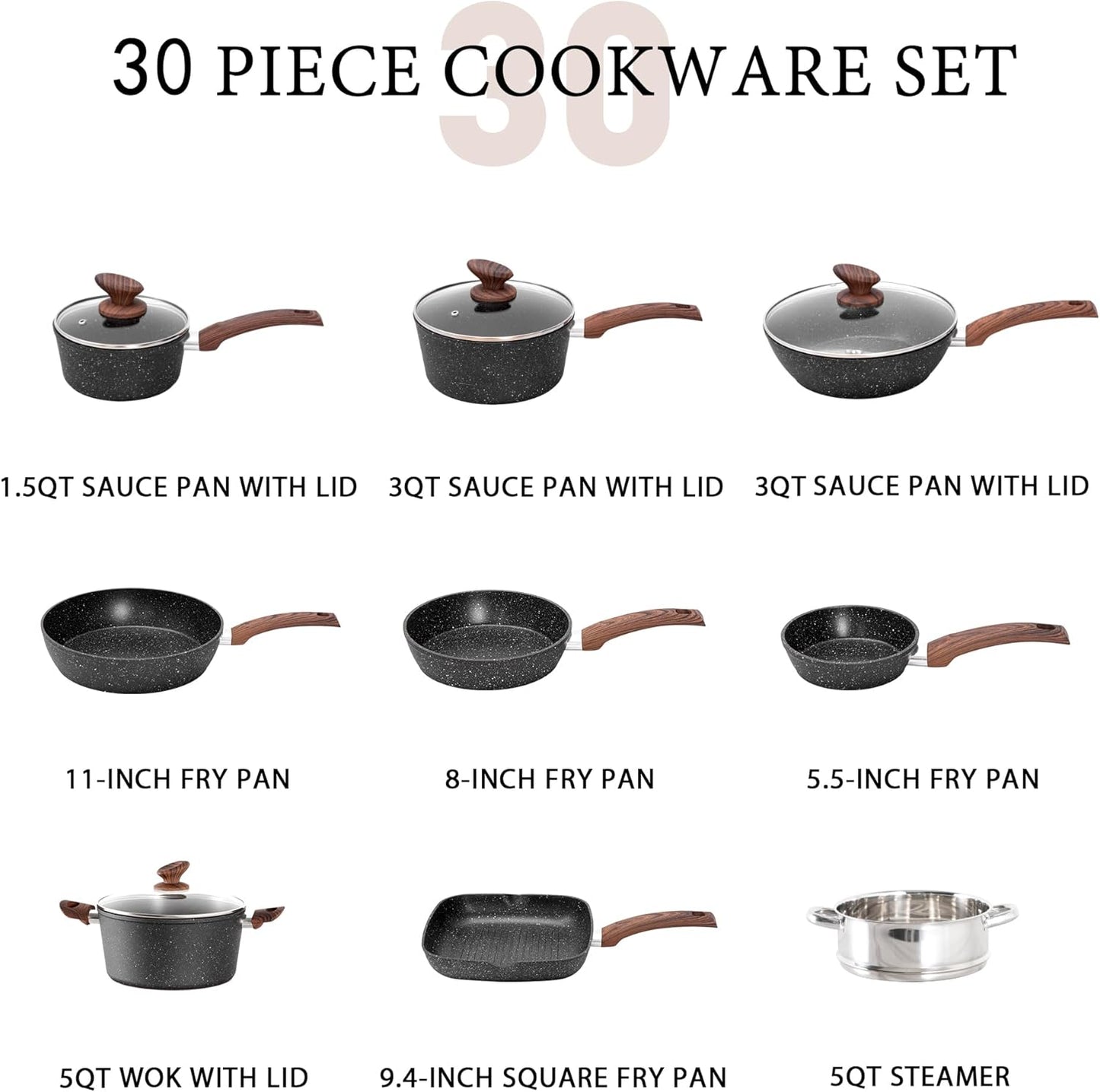 MAISON ARTS 30-Piece Non-Stick Granite Cookware & Bakeware Set with Lids