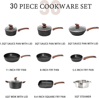 MAISON ARTS 30-Piece Non-Stick Granite Cookware & Bakeware Set with Lids