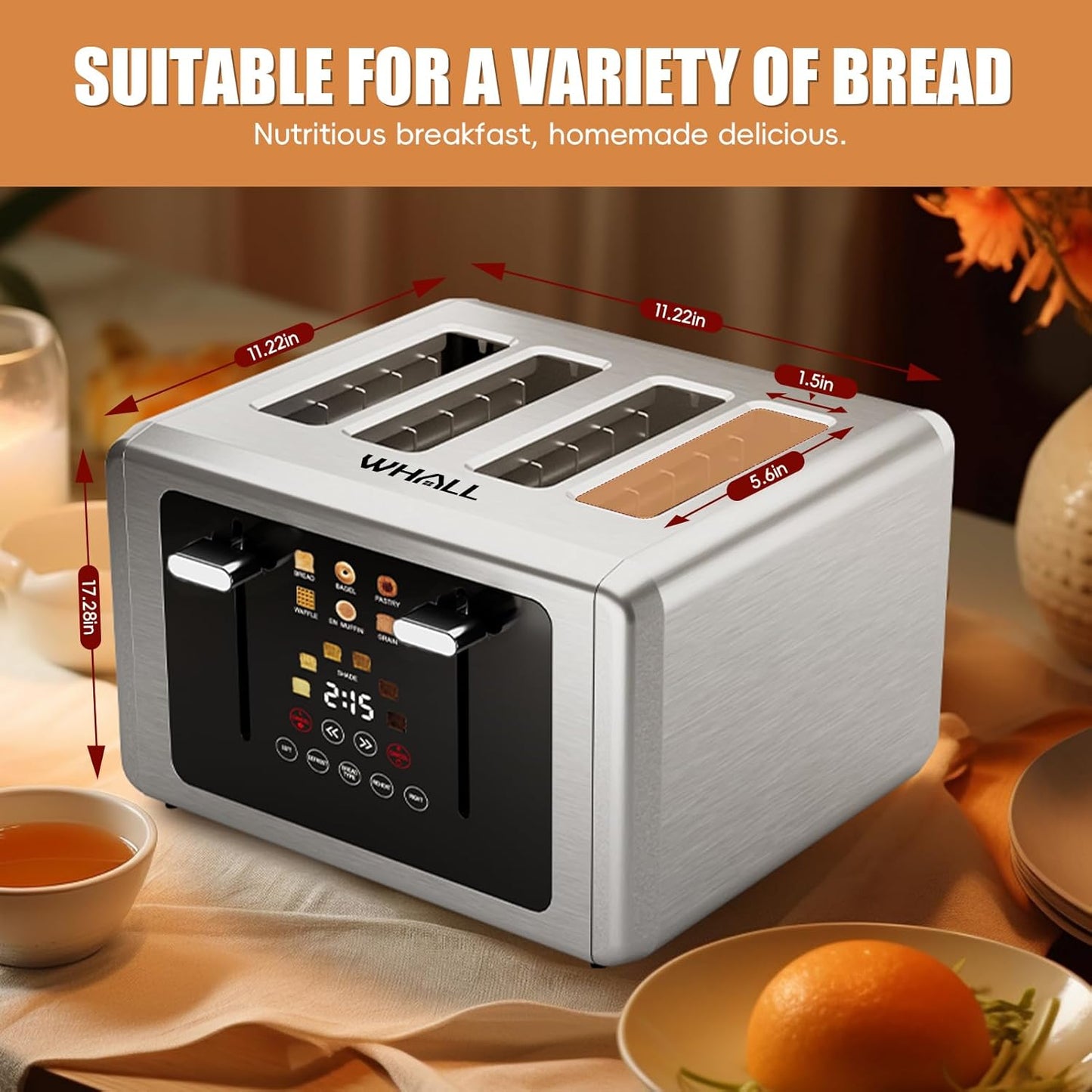 Whall 4-Slice Smart Touchscreen Toaster, Stainless Steel Digital Timer, Dual Control