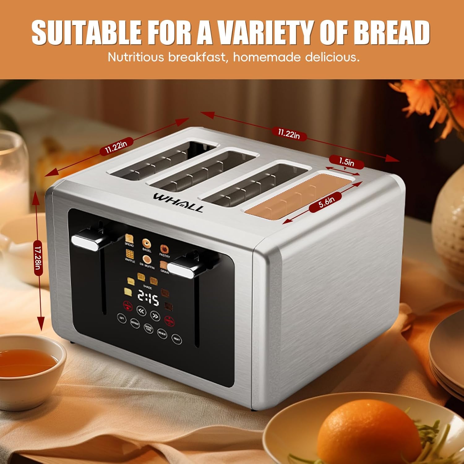 Whall 4-Slice Smart Touchscreen Toaster, Stainless Steel Digital Timer, Dual Control