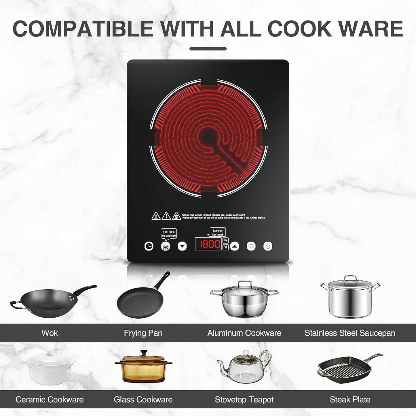 Portable Electric Infrared Cooktop Single Burner - 1800W Touch Control Stove