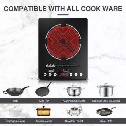 Portable Electric Infrared Cooktop Single Burner - 1800W Touch Control Stove