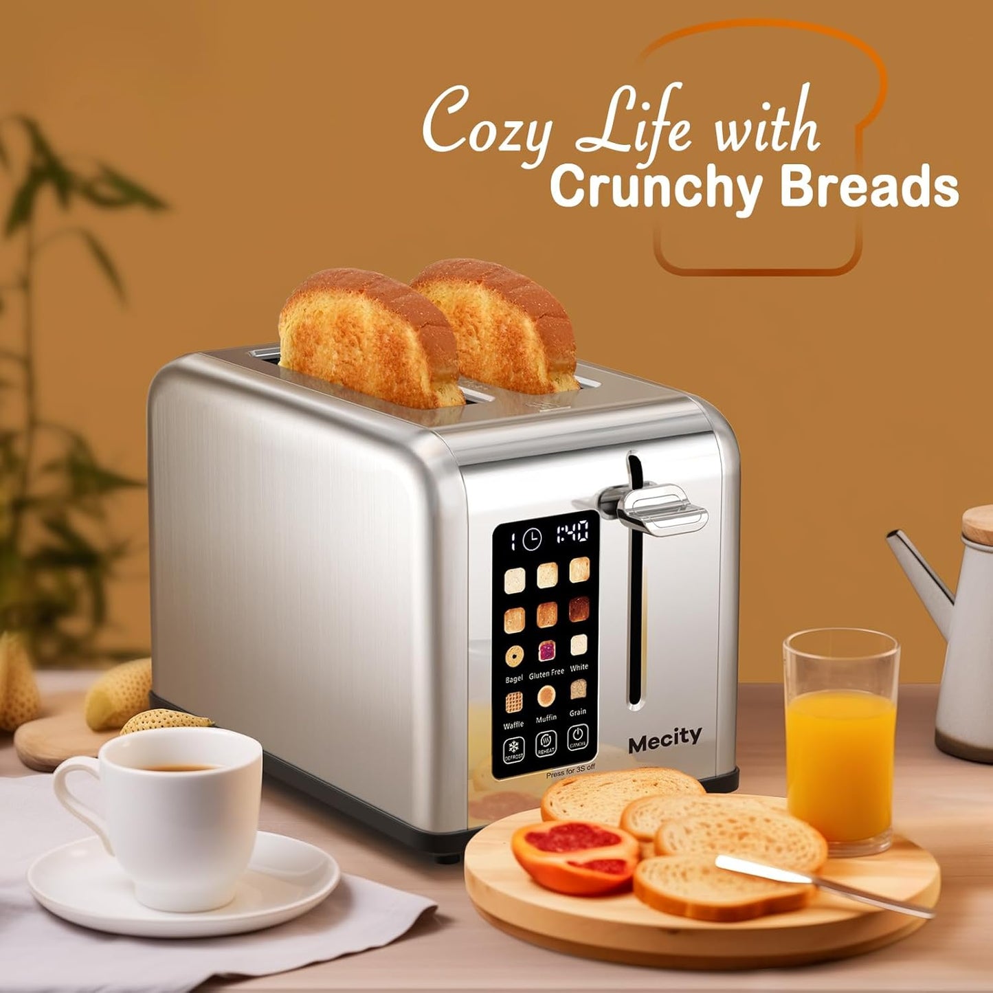Mecity Smart Stainless Steel 2-Slice Toaster, Touch Screen, Wide Slots