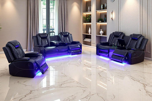 Modern 3-Piece Black Leather Power Recliner Sofa Set with LED & Console