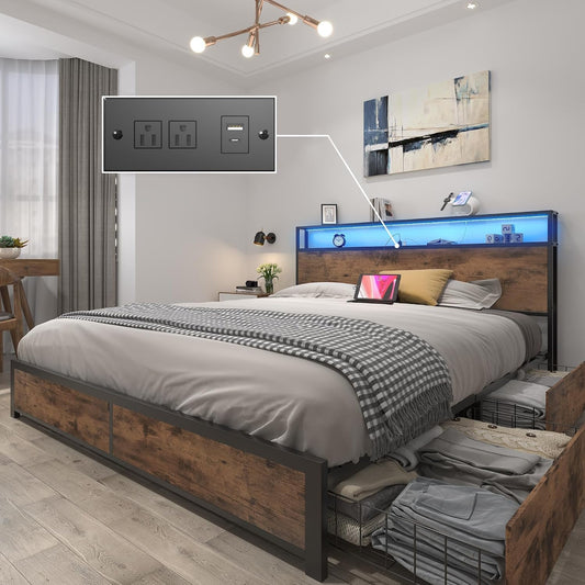 Queen Metal Bed Frame with Storage Headboard, LED Lights, Charging, Four Drawers