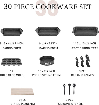 MAISON ARTS 30-Piece Non-Stick Granite Cookware & Bakeware Set with Lids