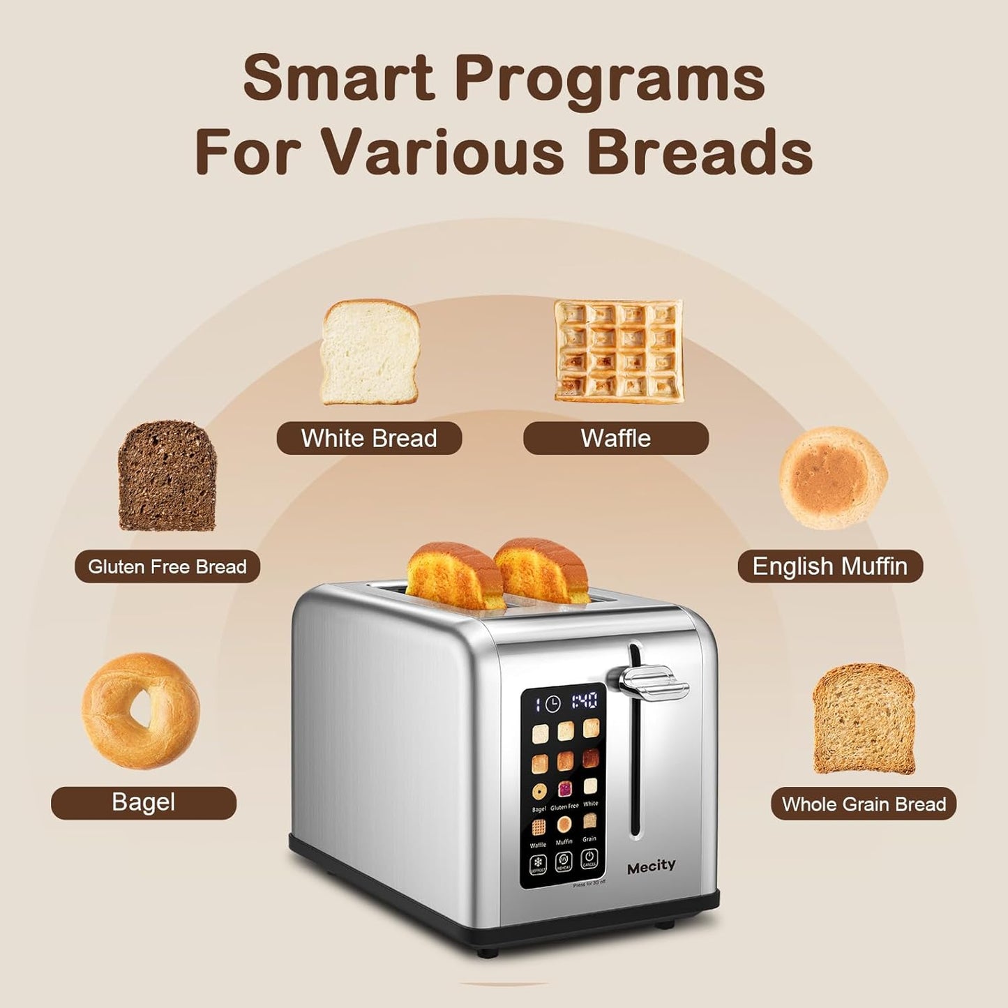 Mecity Smart Stainless Steel 2-Slice Toaster, Touch Screen, Wide Slots