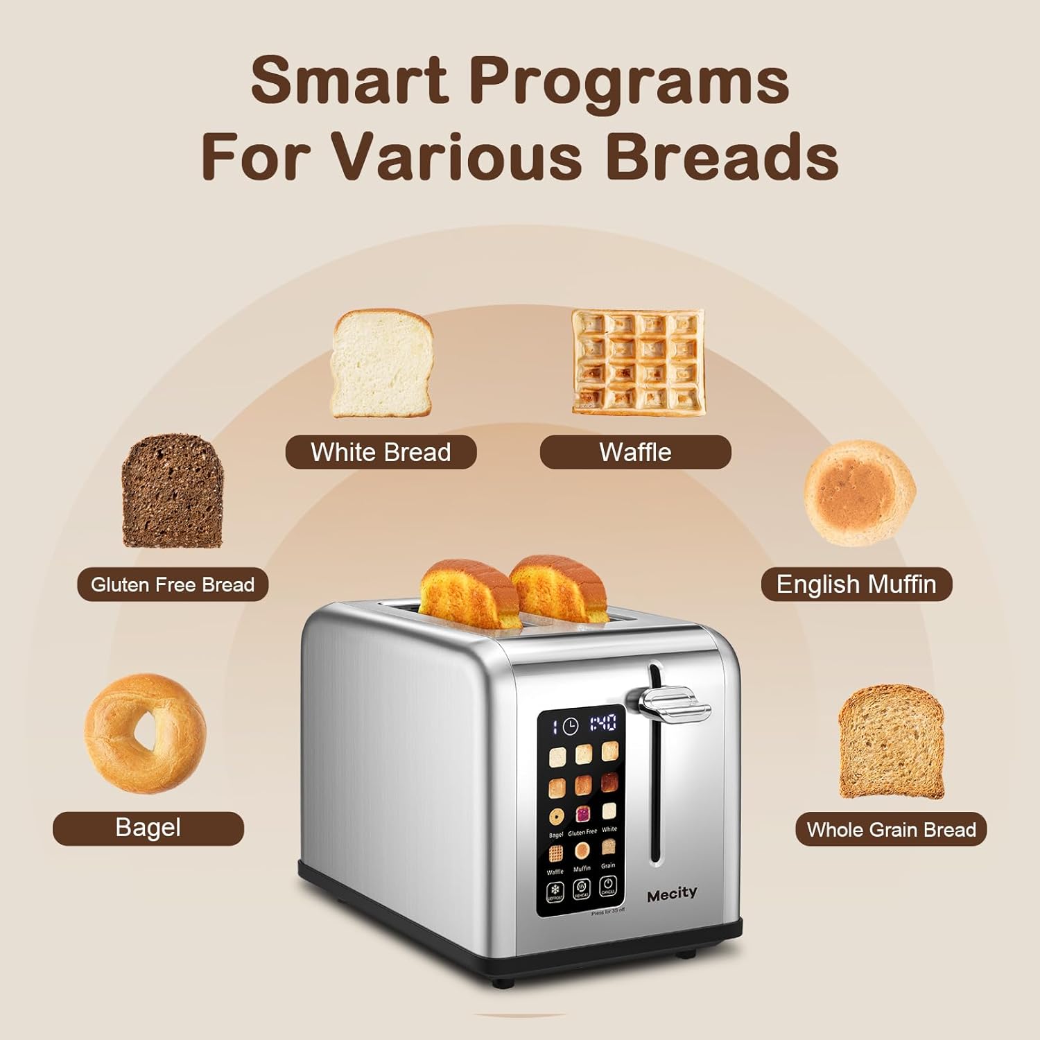 Mecity Smart Stainless Steel 2-Slice Toaster, Touch Screen, Wide Slots