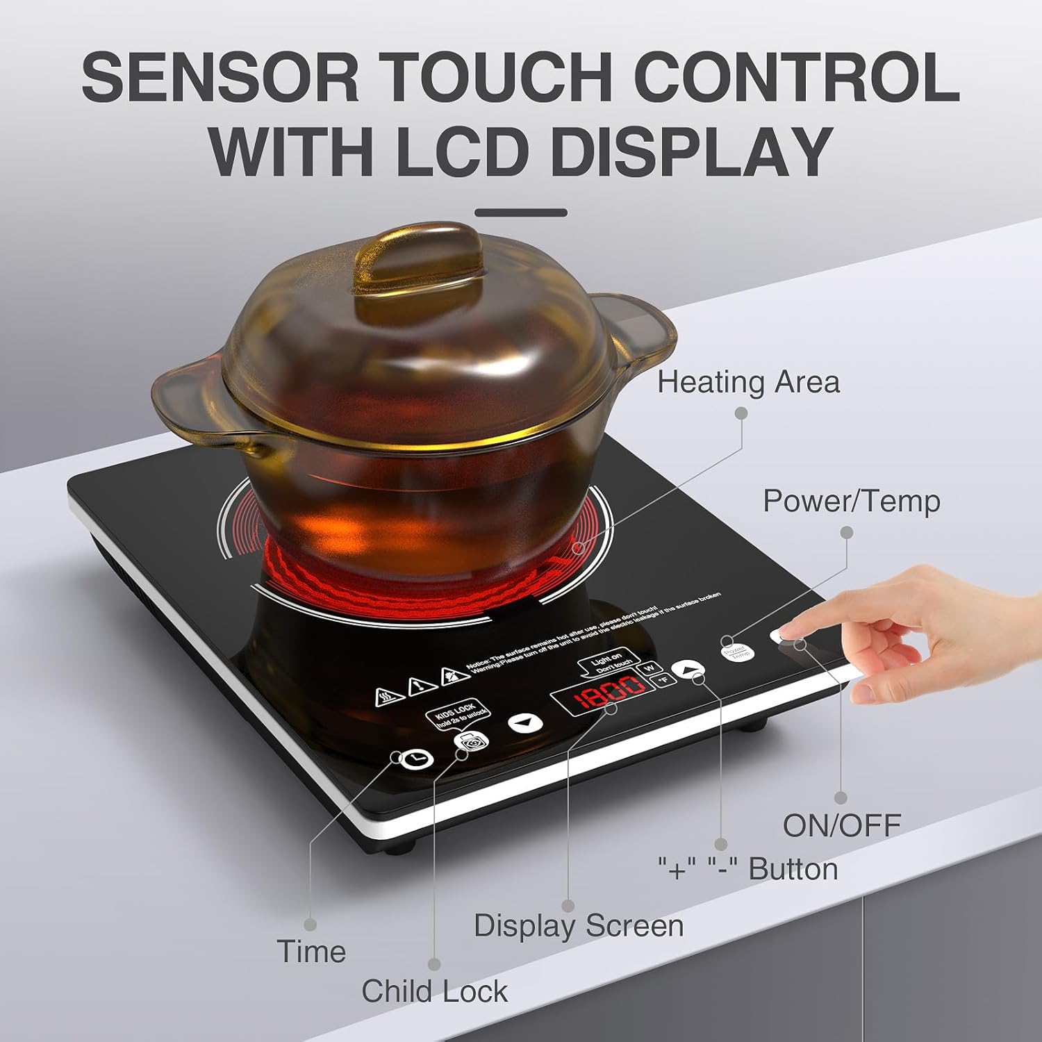 Portable Electric Infrared Cooktop Single Burner - 1800W Touch Control Stove