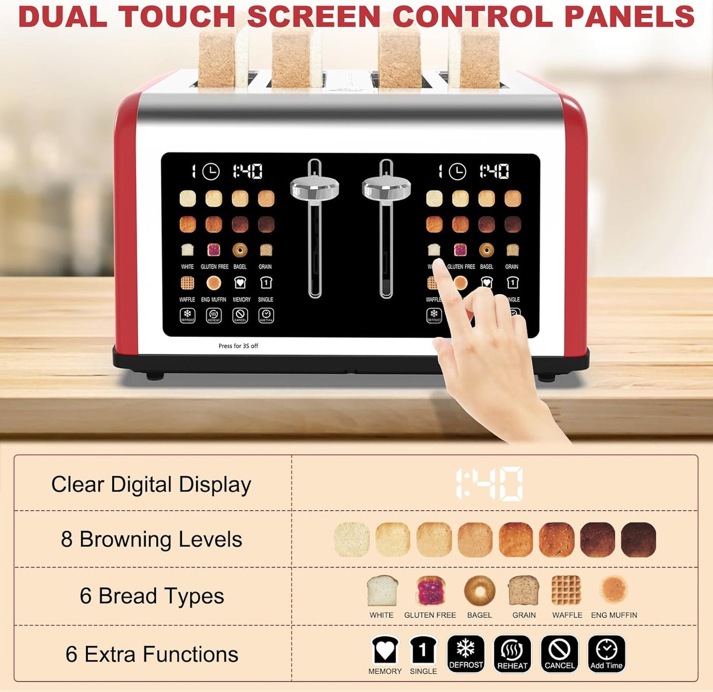Smart 4-Slice Touchscreen Toaster: Dual Control, 8 Shades, 6 Bread Types, 1650W